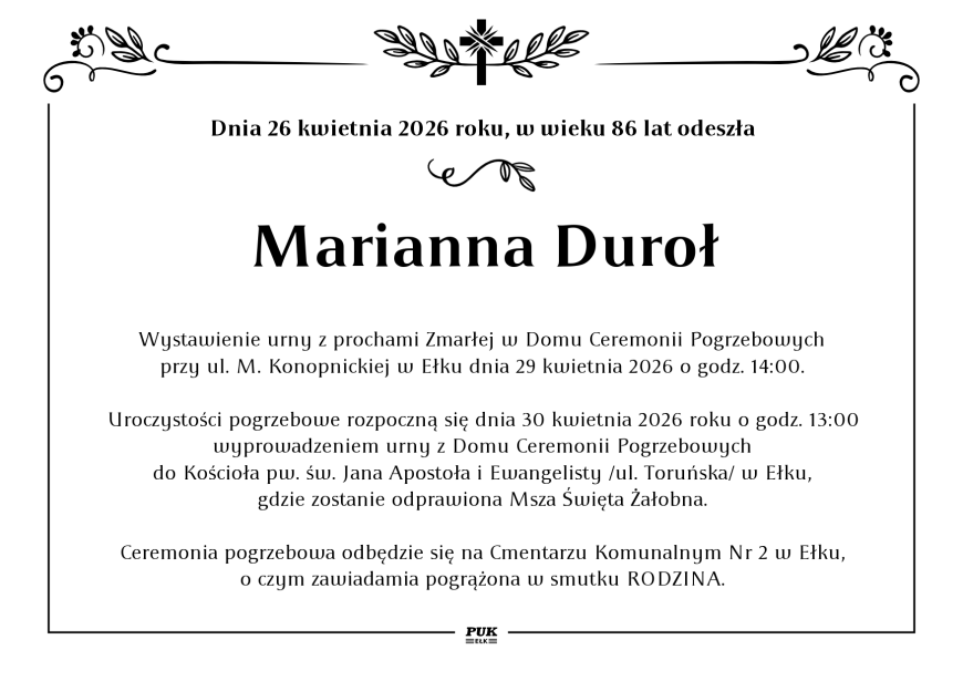 Marianna Duroł - nekrolog